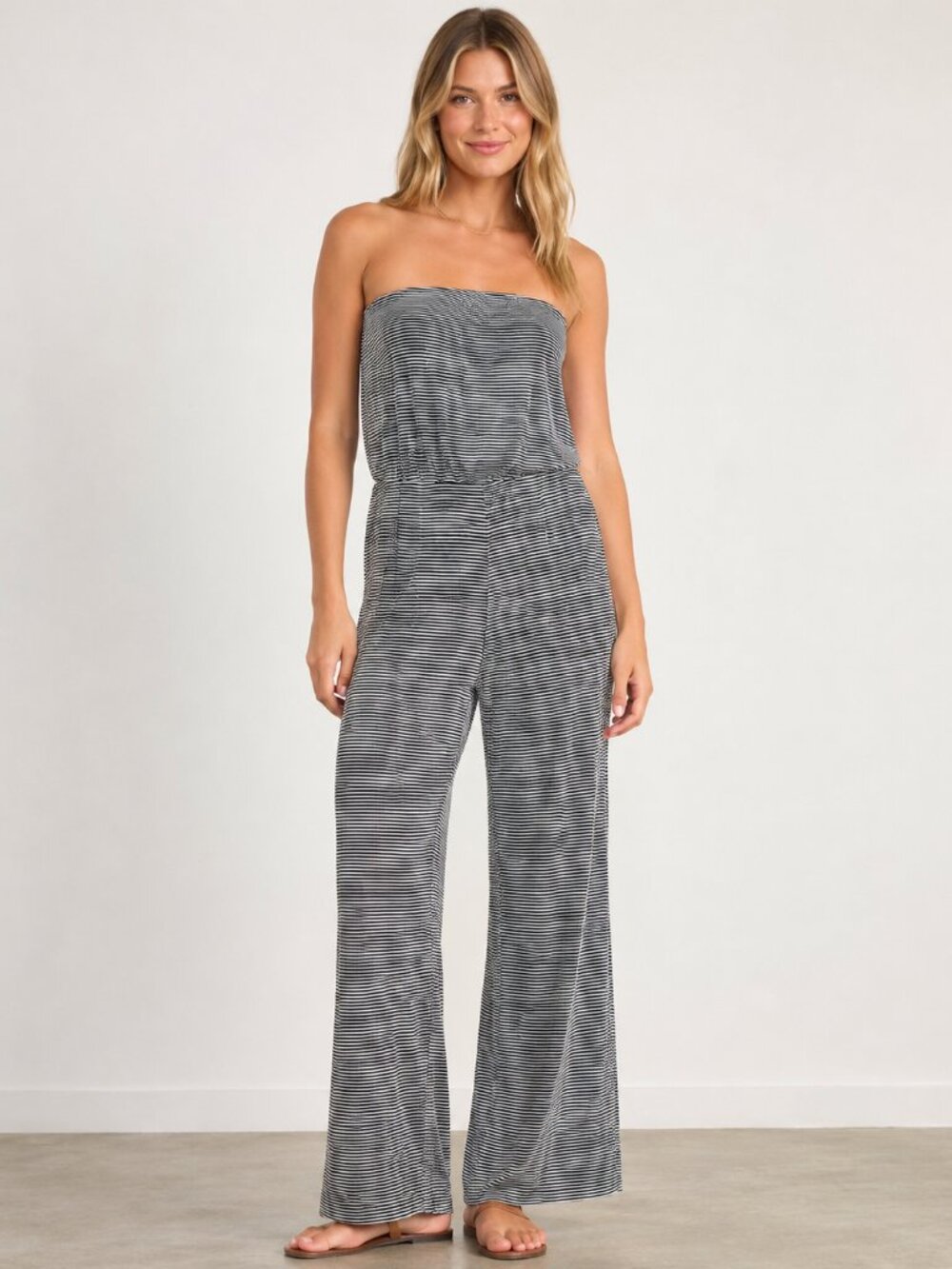 Cynthia Rowley Striped Mesh Strapless Wide Leg Jumpsuit S